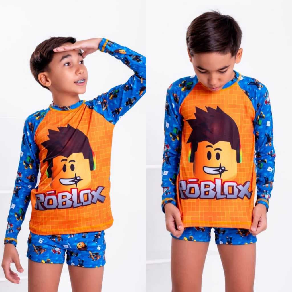 Conjunto Infantil Sunga+Camisa Proteção Solar Roblox Minecraft Sonic Personagem e Estampas