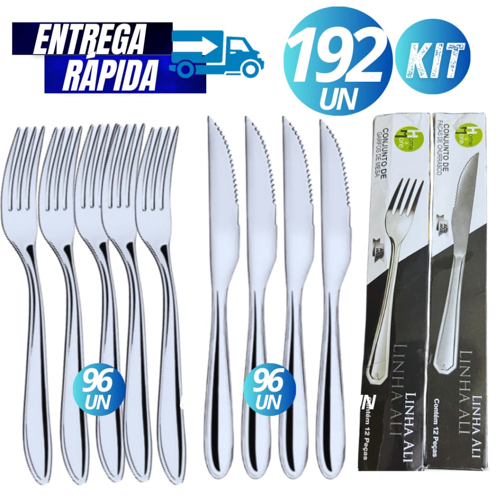 Kit Conjunto 192/96 Talheres Aço Inox Garfos e Facas Reforçados para Restaurante Buffet Variáveis Multiuso HM