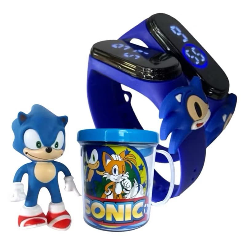 boneco do Sonic + relógio + caneca Kit3