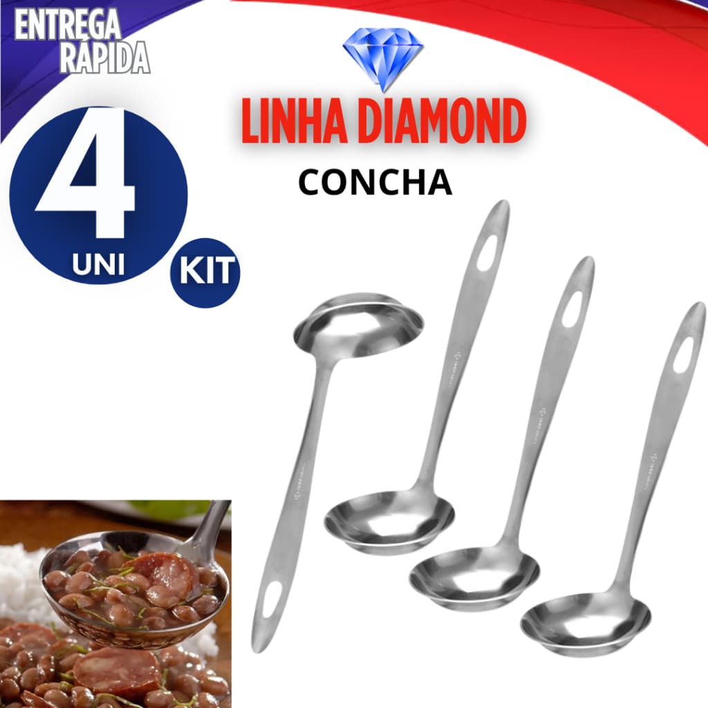 JOGO 4 UNIDADES CONCHA INOX 23 CM PARA SERVIR FEIJAO SOPA CALDOS BELEZA E PRATICIDADE