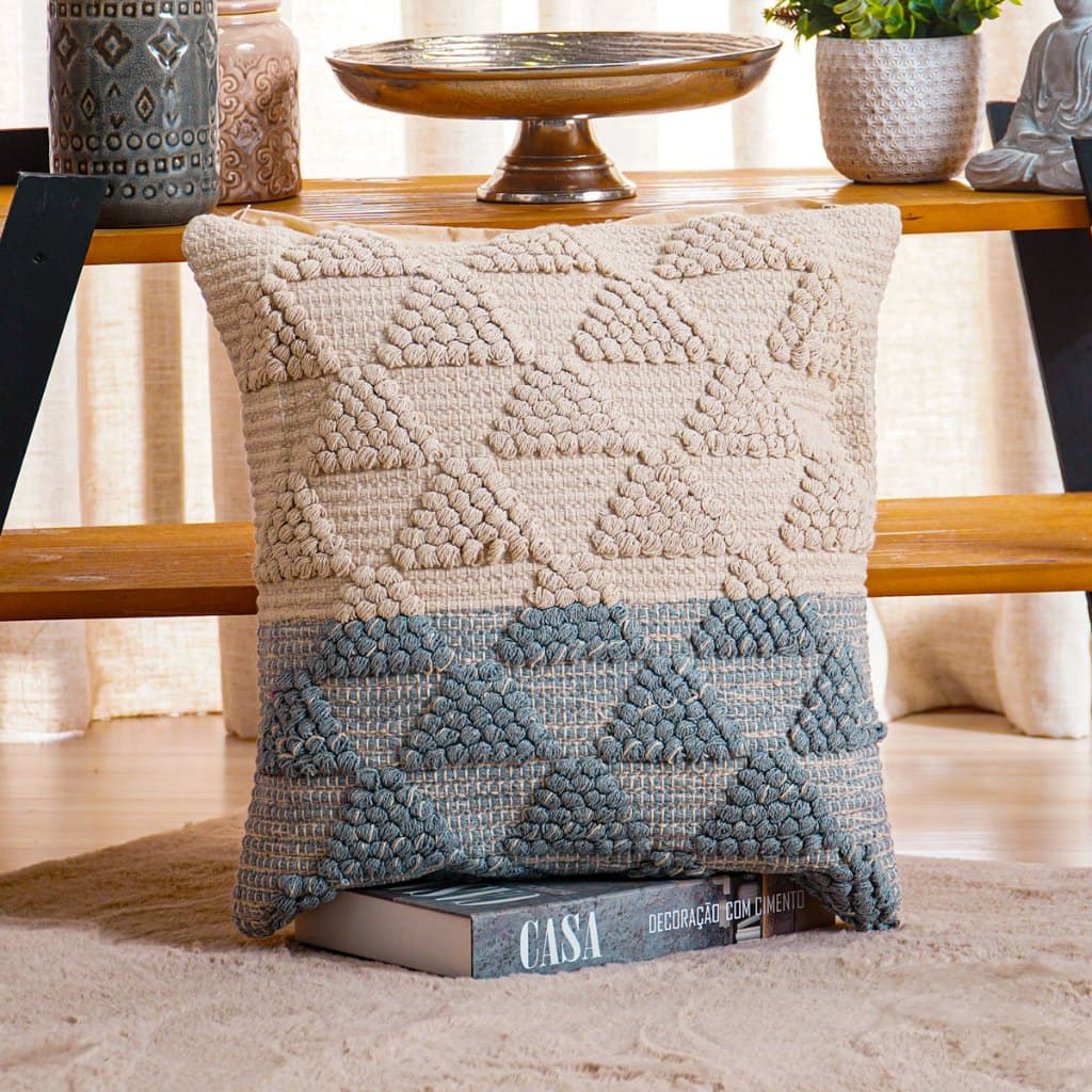 Capa de Almofada Para Sofá 45x45 Bordada Luxo Boho Chic Cama de Casal Tricô Azul Algodão Com Ziper