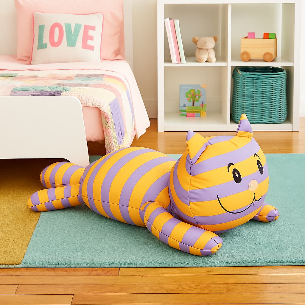 Gato Sapeca Pelúcia Grande em Floc Listrado Roxo e Amarelo Brinquedo Infantil Usado Brechó