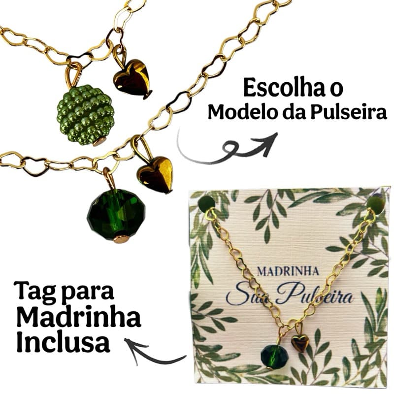 Pulseira Verde Oliva p/ Madrinhas Casamento Banhada a Ouro