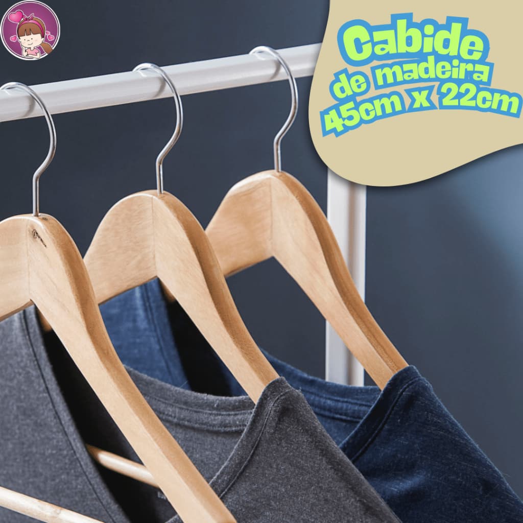 kits de Cabides de Madeira Envernizadas Verniz Marfin com Presilhas Gancho de Metal Adulto