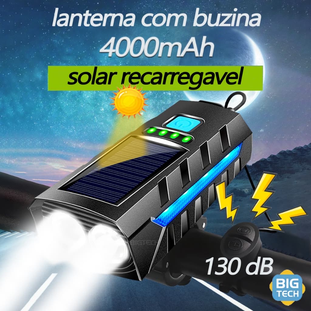 Lanterna Bicicleta Solar Com Buzina 1200 Lumens LED De Farol Bike À Prova D'Água Recarregável BIC007