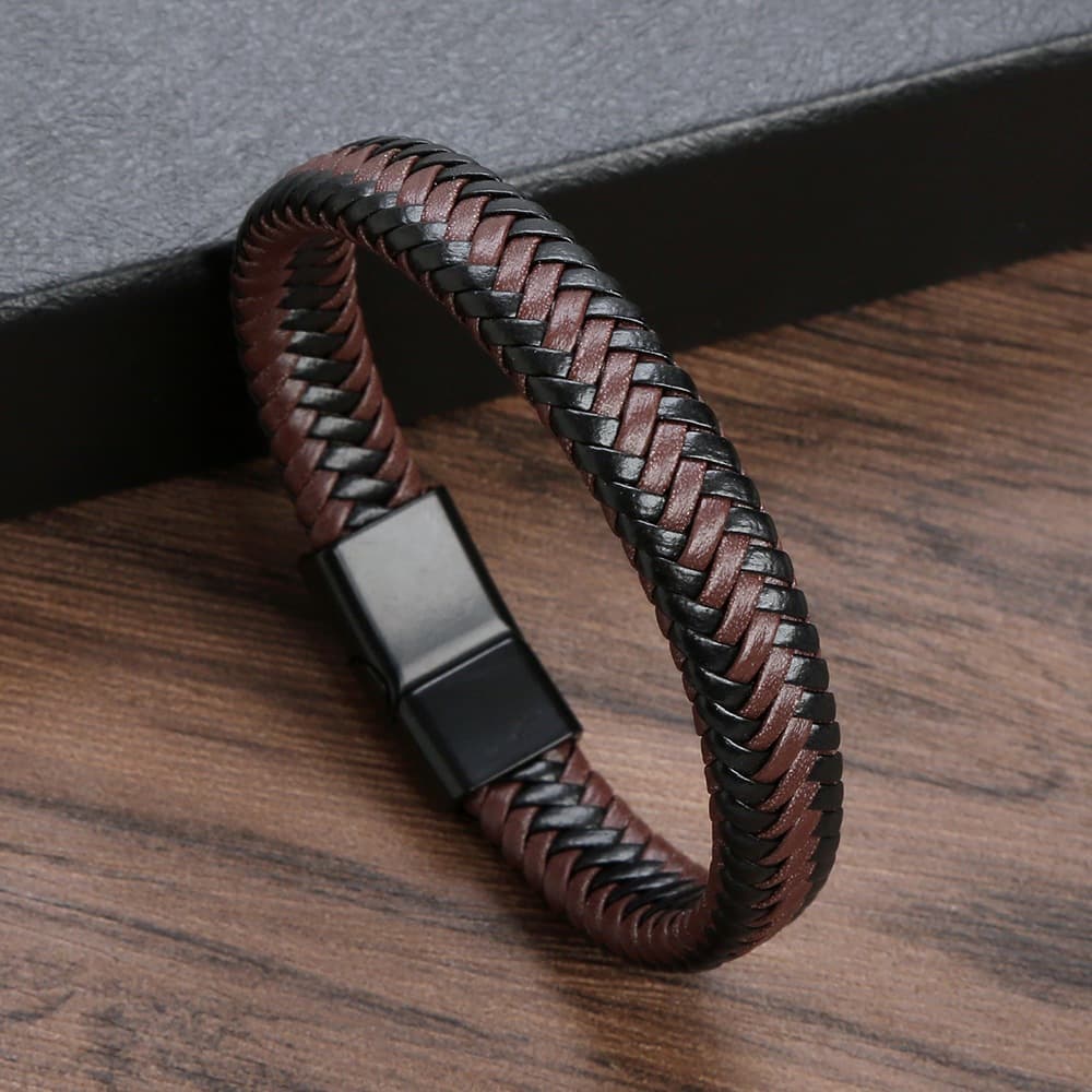 Pulseira de couro geométrica masculina com fecho magnético de liga, pulseira de presente tecida à mão, joia única