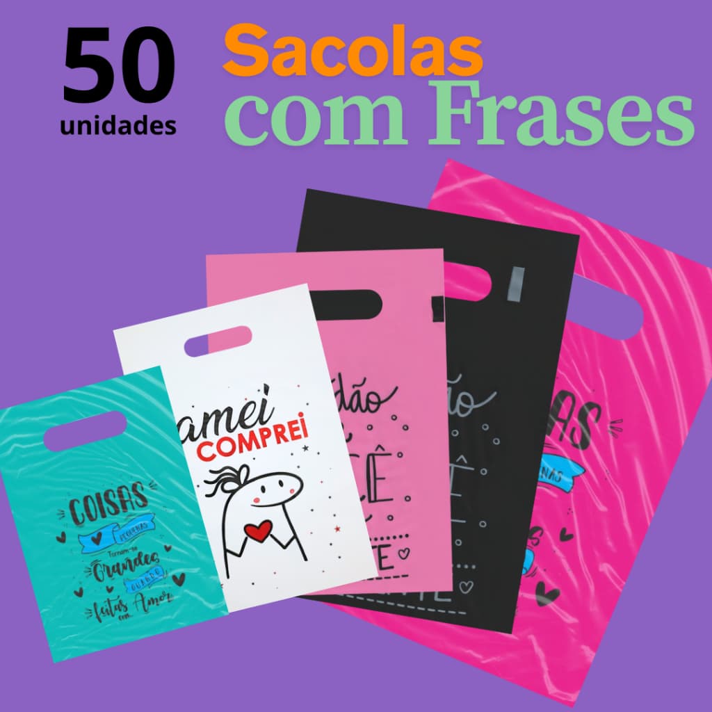 50 Sacolas com frases boca de palhaço Alça Vazada boca triste lindas frases Bijuterias