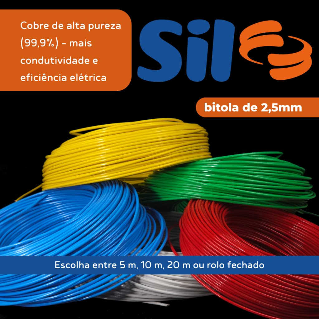 Cabo Fio Elétrico Flexível 2,5mm Cobre 20, 50 e 100 Metros Rolo Antichamas Resistente - SIL