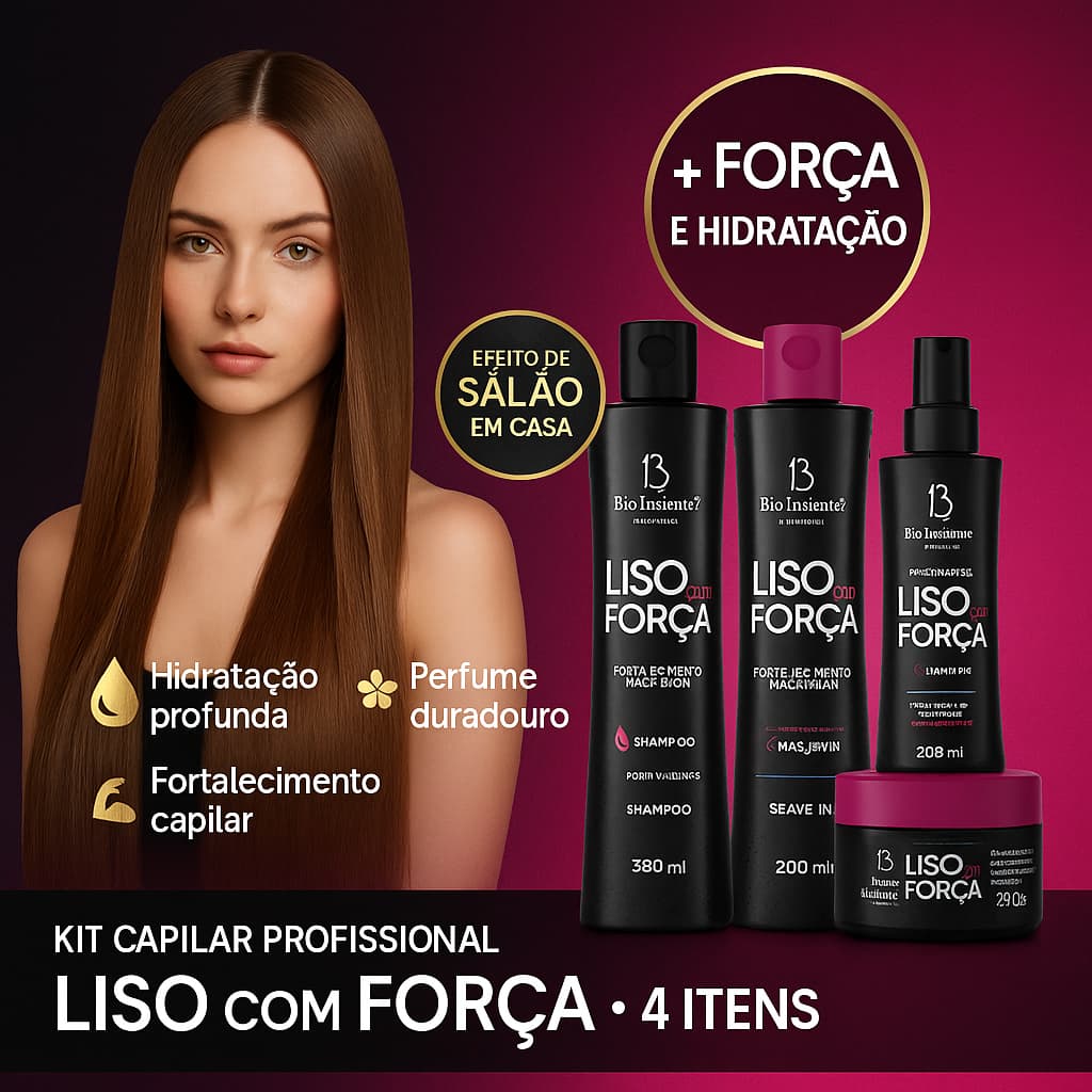 Kit Capilar Liso com Força 4 Itens Profissionais Efeito Salão em Casa Shampoo Condicionador, Máscara e Leave-in