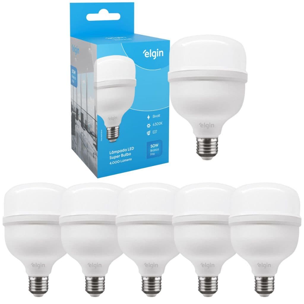 Kit 5 Lâmpada Super Bulbo Alta Potência Bivolt Led 50w 6500k Branco Frio (LUZ BRANCA) - Elgin