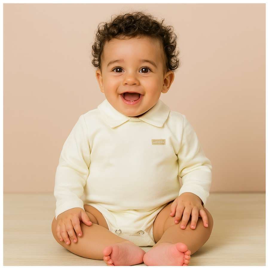 Body bebê manga longa com gola polo 100% algodão premium cru