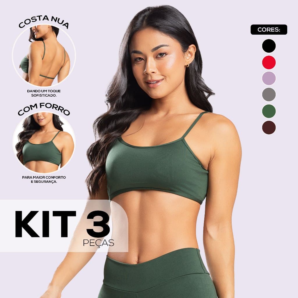 Kit com 3 Top Fitness Feminina Costa Nua com Forro e Encaixe pra Bojo Sutiã Esportivo Crossfit