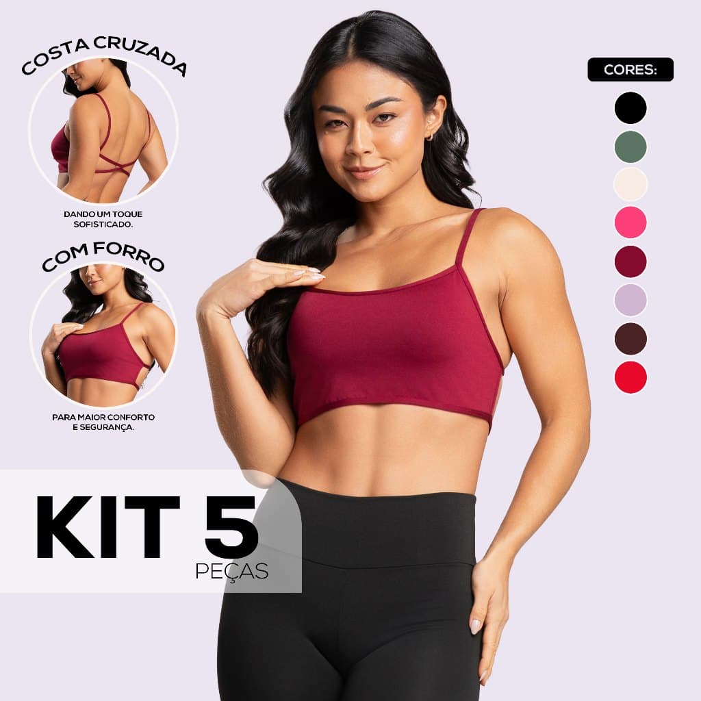 Kit com 5 Top Fitness Costa Nua Alça Fina Cruzada Academia Suplex Liso com Forro e Abertura pra Bojo