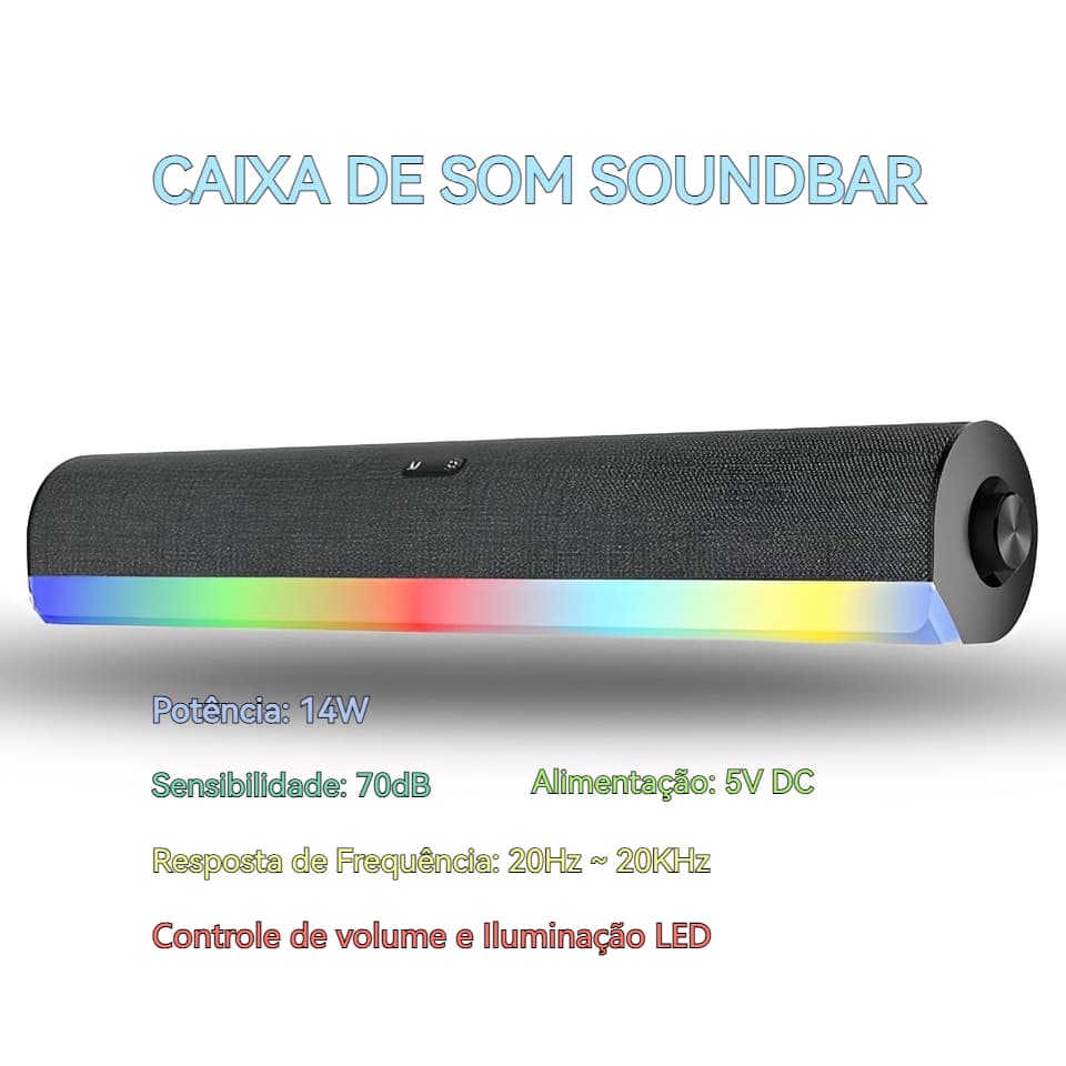 Caixa De Som Soundbar USB Para PC Notebook Com LED Controle Volume e Entrada P2 3.5mm Som Potente
