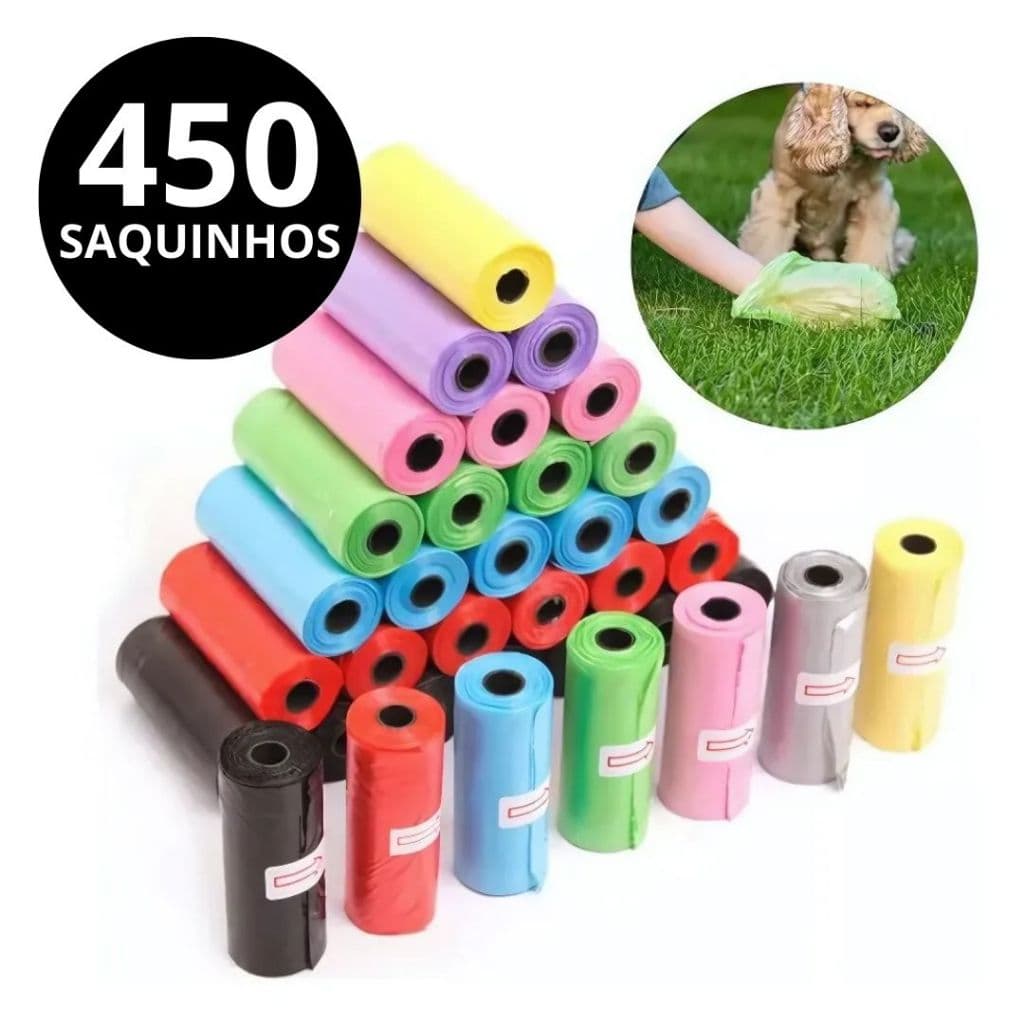 Kit 30 Rolinhos Refil Higiênico 450 Saquinhos Pet Cachorro Cão Cata Caca Passeio