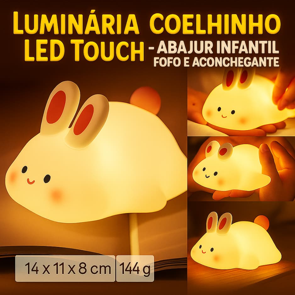 Luminária Coelhinho LED USB – Abajur Infantil Silicone, Luz Noturna de Toque com 3 Níveis de Brilho