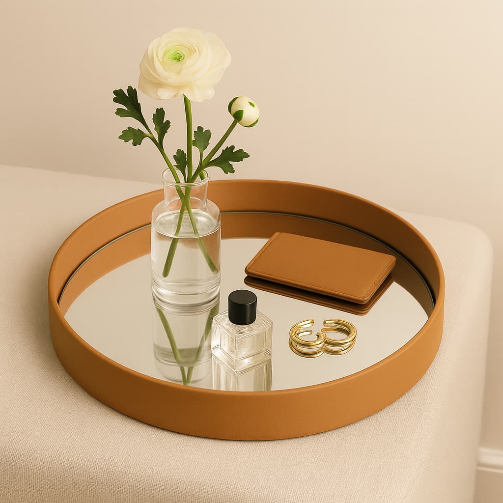 Bandeja decorativa espelhada redonda 35cm borda couro caramelo