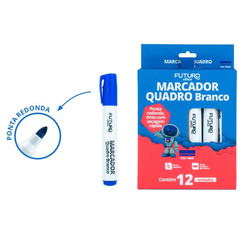 CAIXA 6/12 MARCADOR PARA QUADRO BRANCO FUTURO – Ponta Redonda, Secagem Rápida, Clip, Material Escolar e Escritório