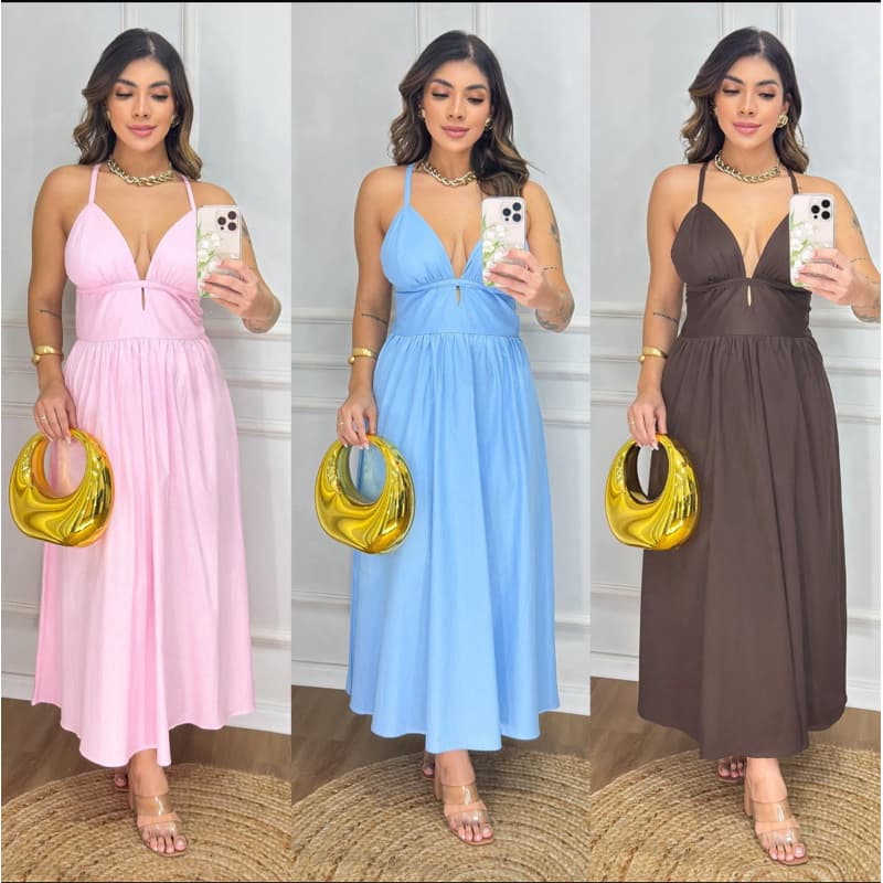 Vestido Noélia Elegância Liso No Tricoline Longo e Com Amarração Nas Costas Modelo Verão