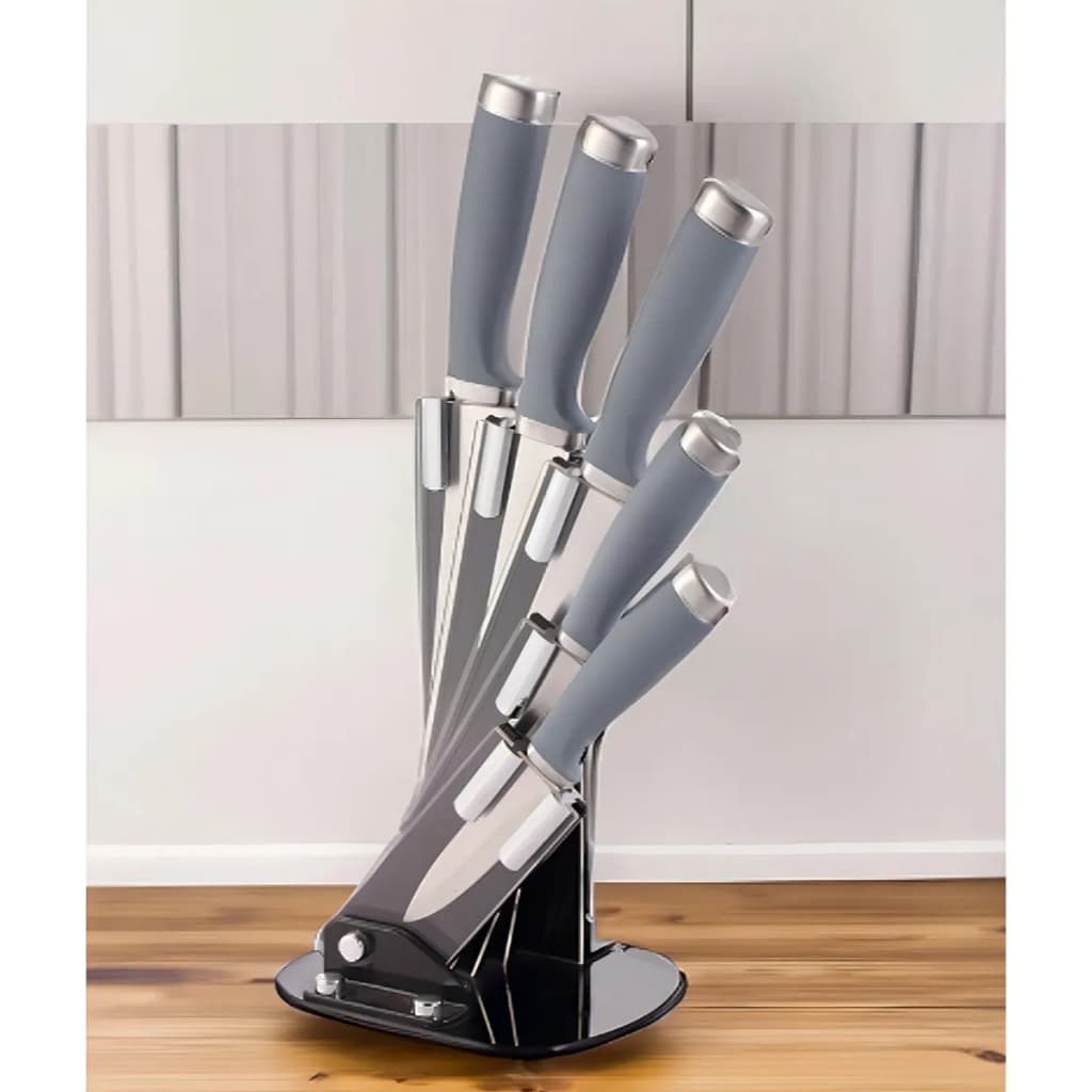 Conjunto De Facas Jogo Aço Inox Com Suporte Em Acrílico 6pçs Moderno promo