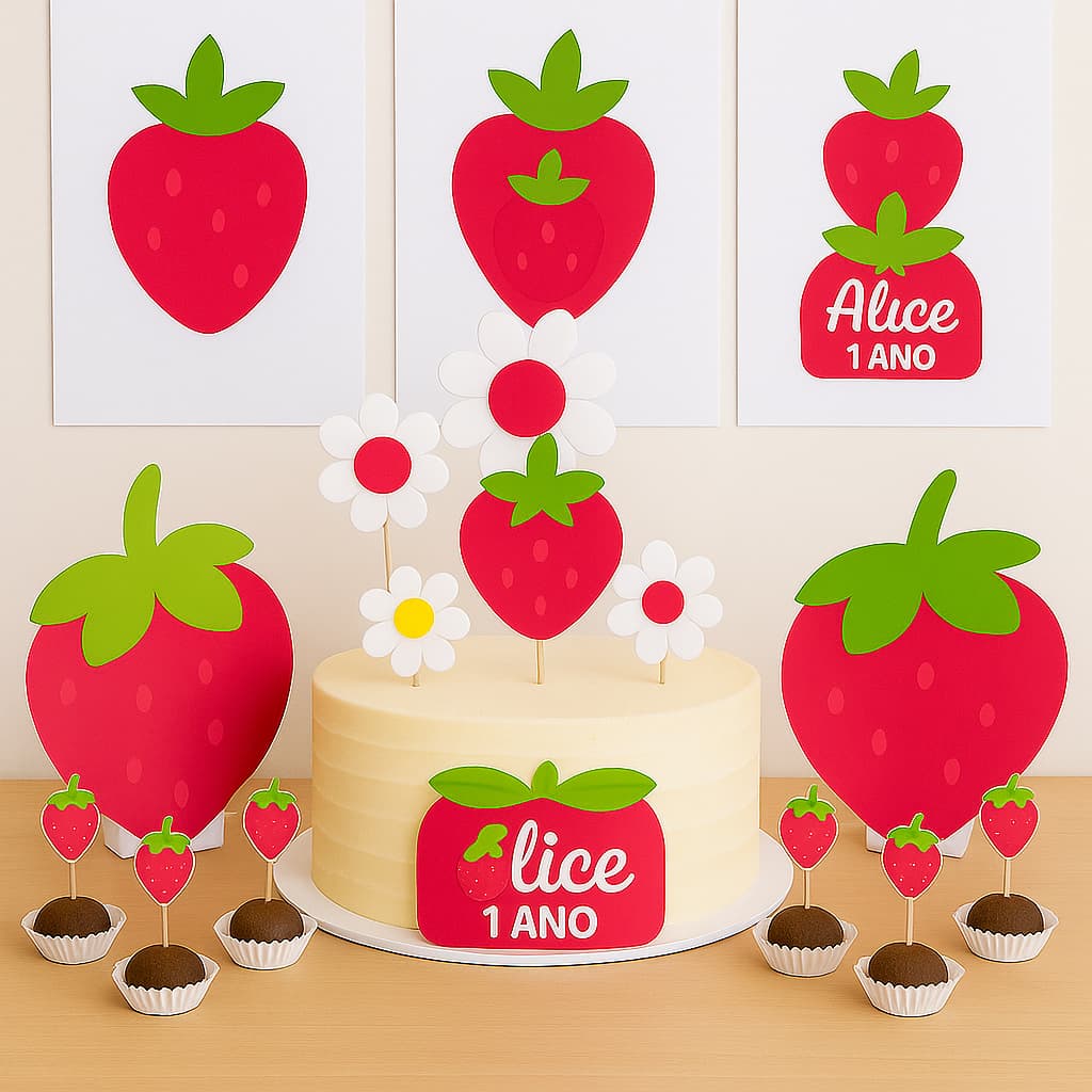 Kit só um bolinho Moranguinho/Mesversário Moranguinho/Decoração de festa moranguinho/Topo de bolo moranguinho
