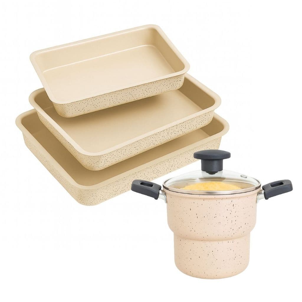kit assadeiras de bolo retangular alta 3 tamanhos e cuscuzeiro serve 2 porções