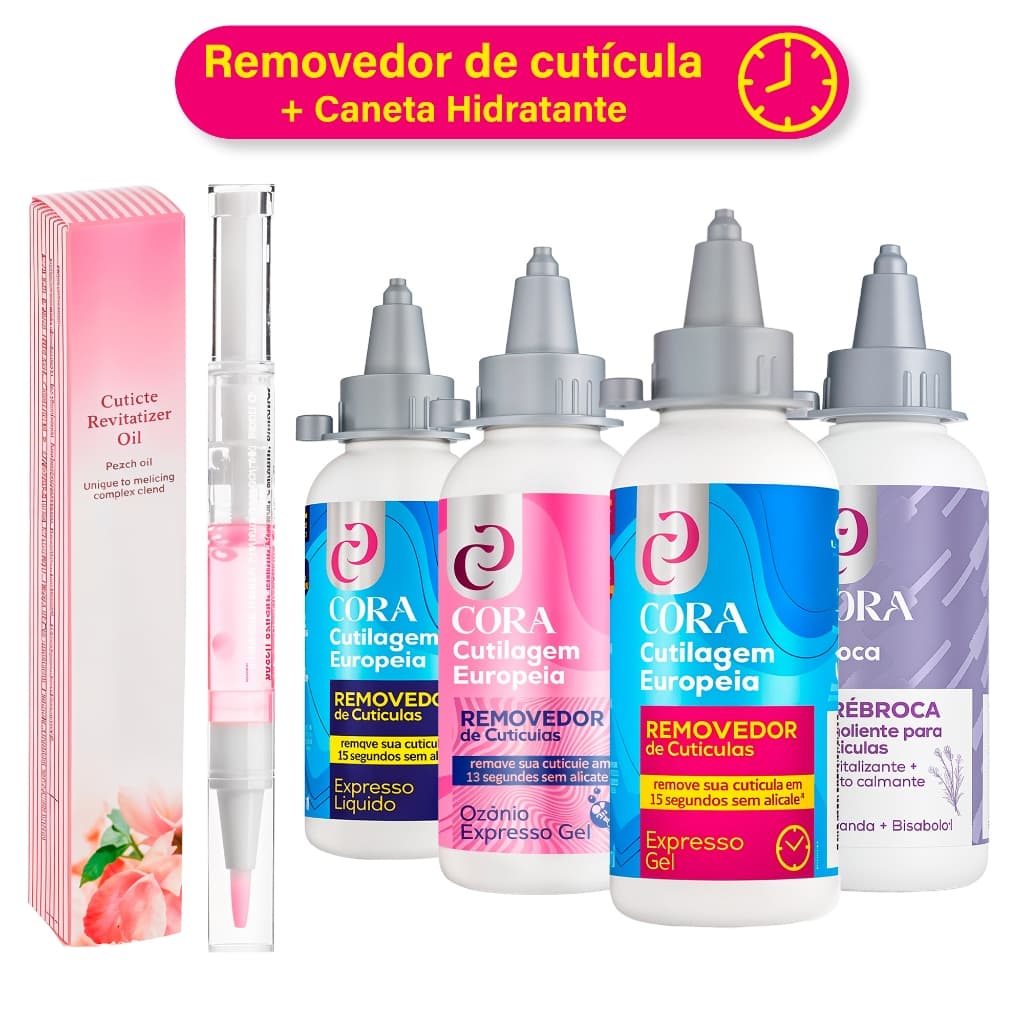 Kit Removedor Cutícula Cora 15s + Caneta Óleo Hidratante Amolecedor Rápido Sem Alicate Manicure