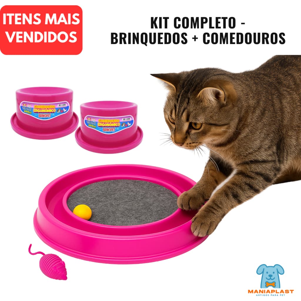 Kit Brinquedos para Gatos Arranhador Redondo Interativo Comedouro e Bebedouro Ergonômico Rato Divertido