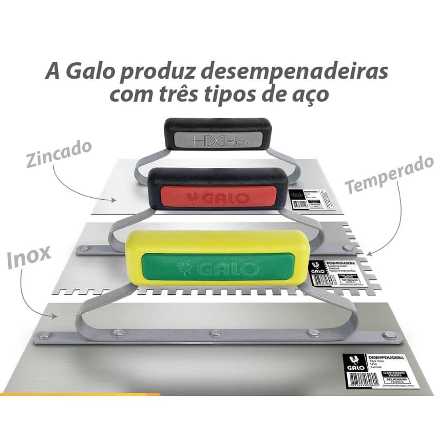 Desempenadeira Inox Aço Temperado Zincado Massa Corrida Gesso Cimento Queimado Marmore Efeitos Galo