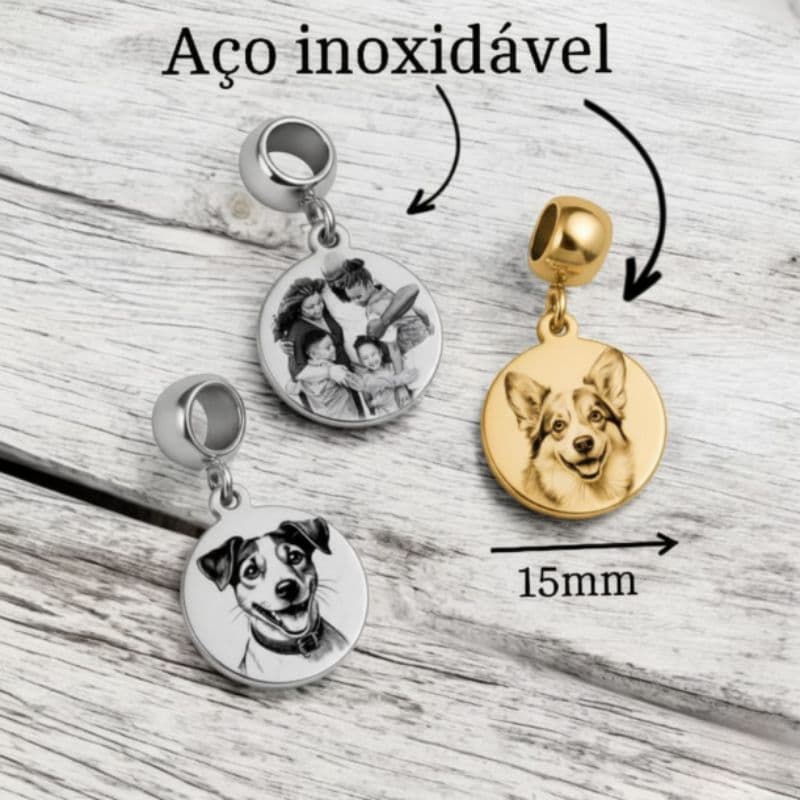 Pingente Berloque  Medalha em Aço Inox de 15mm, frases, fotos e momentos especiais.