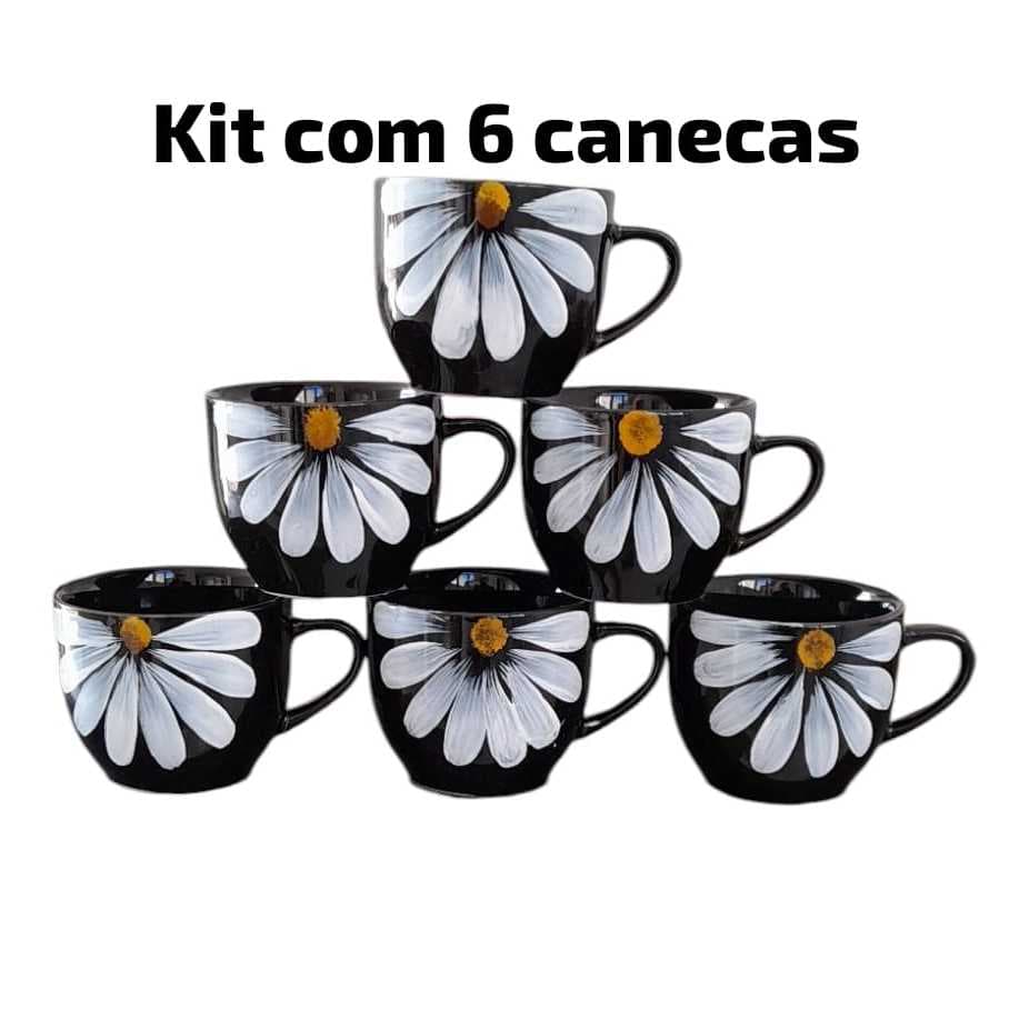 Jogo 6 Xicaras canecas Chicaras decorada cojunto kit  de Café Chá Porcelana 170 ml margaridas feita a mão preta.