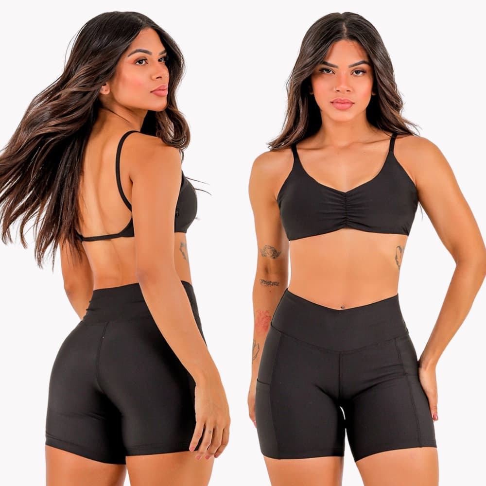 Conjunto Fitness Short com Bolso + Top Costas Nuas Bojo Removível Academia Minay