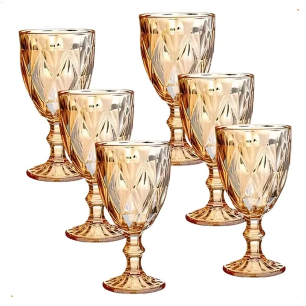 Jogo 6 Taças Diamond Bico de Jaca Dourado Agua Vinho 340 ml