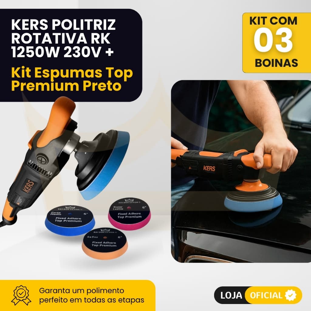 Politriz Automotiva  Rotativa Rk Kers 1250W + Suporte 5” + Kit boinas Espuma corte refino lustro