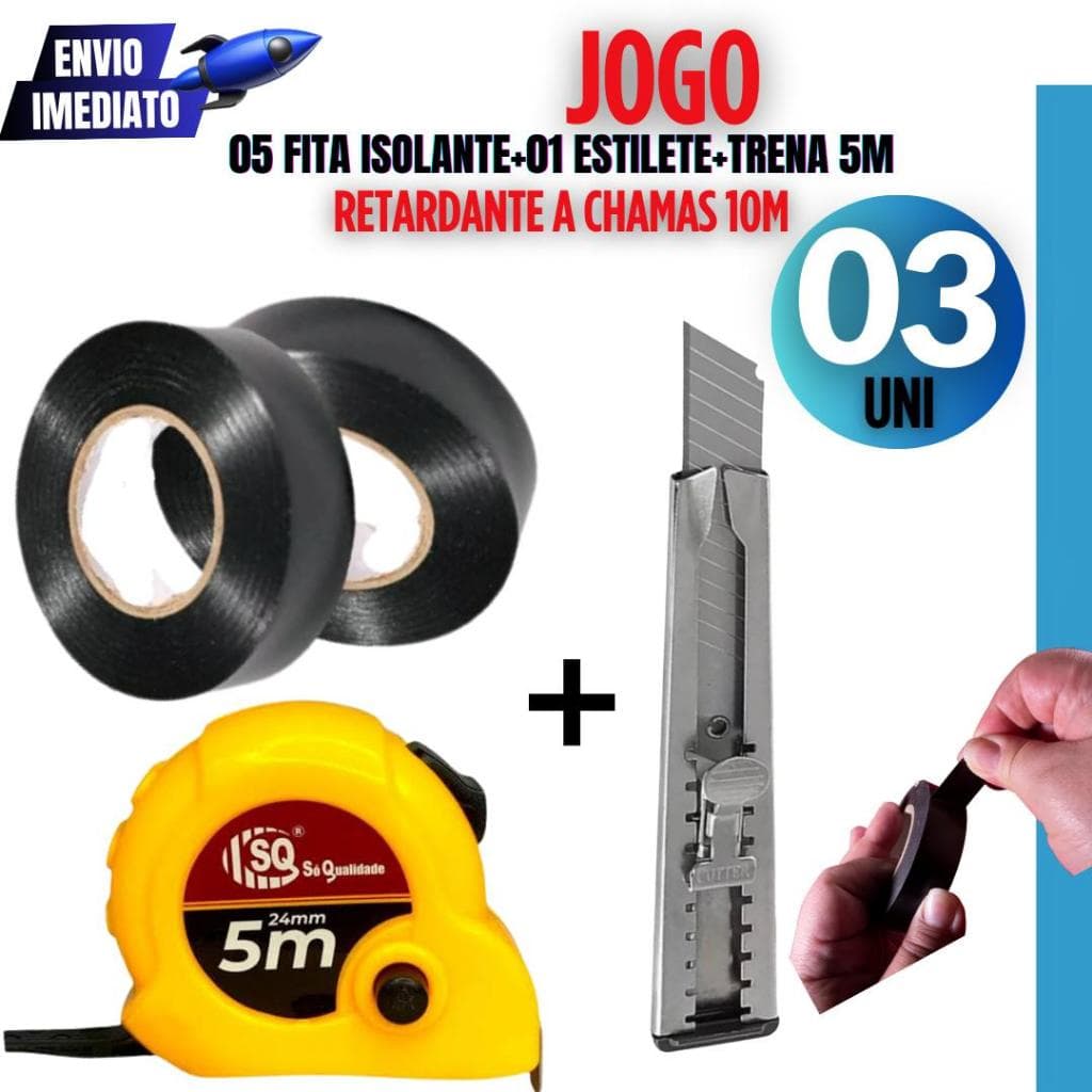 Kit Ferramentas 3 Peças 1 Trena 5m, 10 Rolos Fita Isolante 10 Metros 1 Estilete Uso Geral