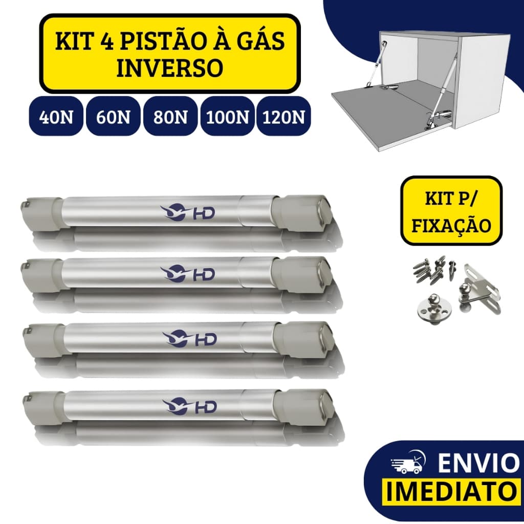 Kit 4 Pistão à Gás Inverso Com Amortecedor Para Porta Armário Cozinha Abre Para Baixo Cinza