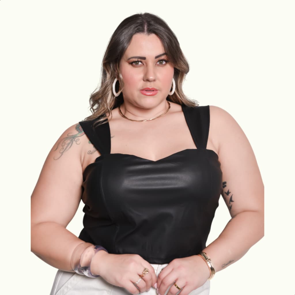 Blusa Cropped Couro Fake Plus Size Com Ziper Alça Grossa Bojo Super Luxuoso Veste Nª 44 Até 52 Verão
