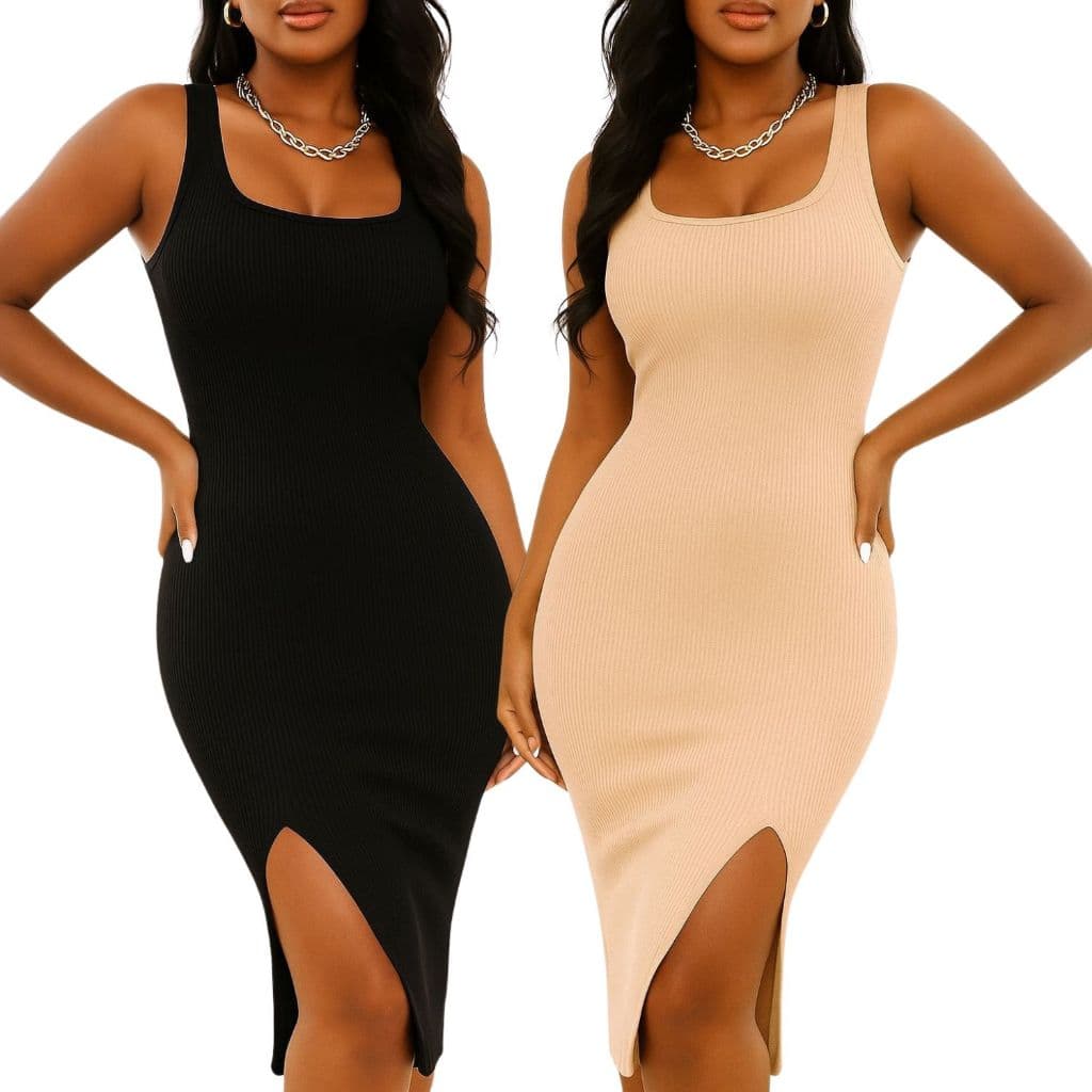 Kit 2 Vestido Feminino Midi Canelado Casual Gringa Tubinho com Fenda Lateral