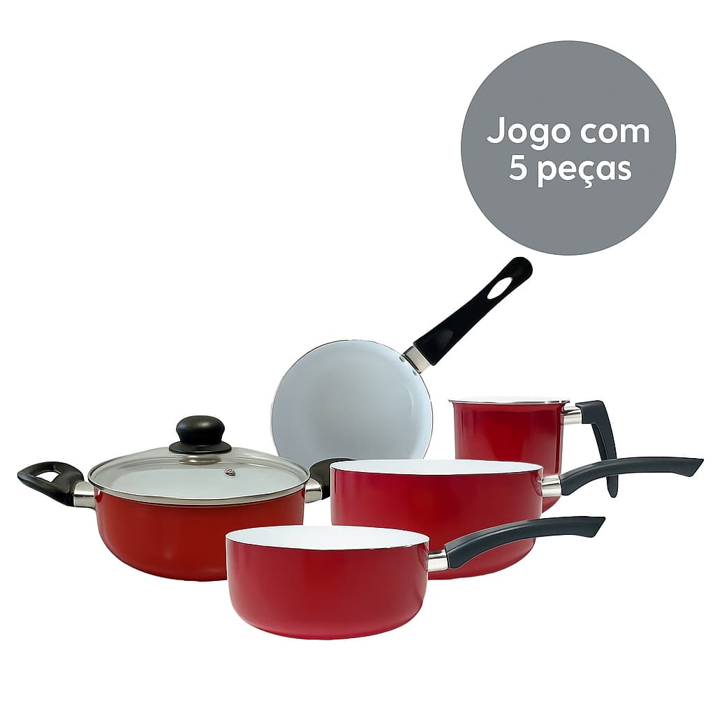 Jogo de Panelas Antiaderente Santiago com Revestimento de Cerâmica,  Conjunto de Panelas 5 Pçs.