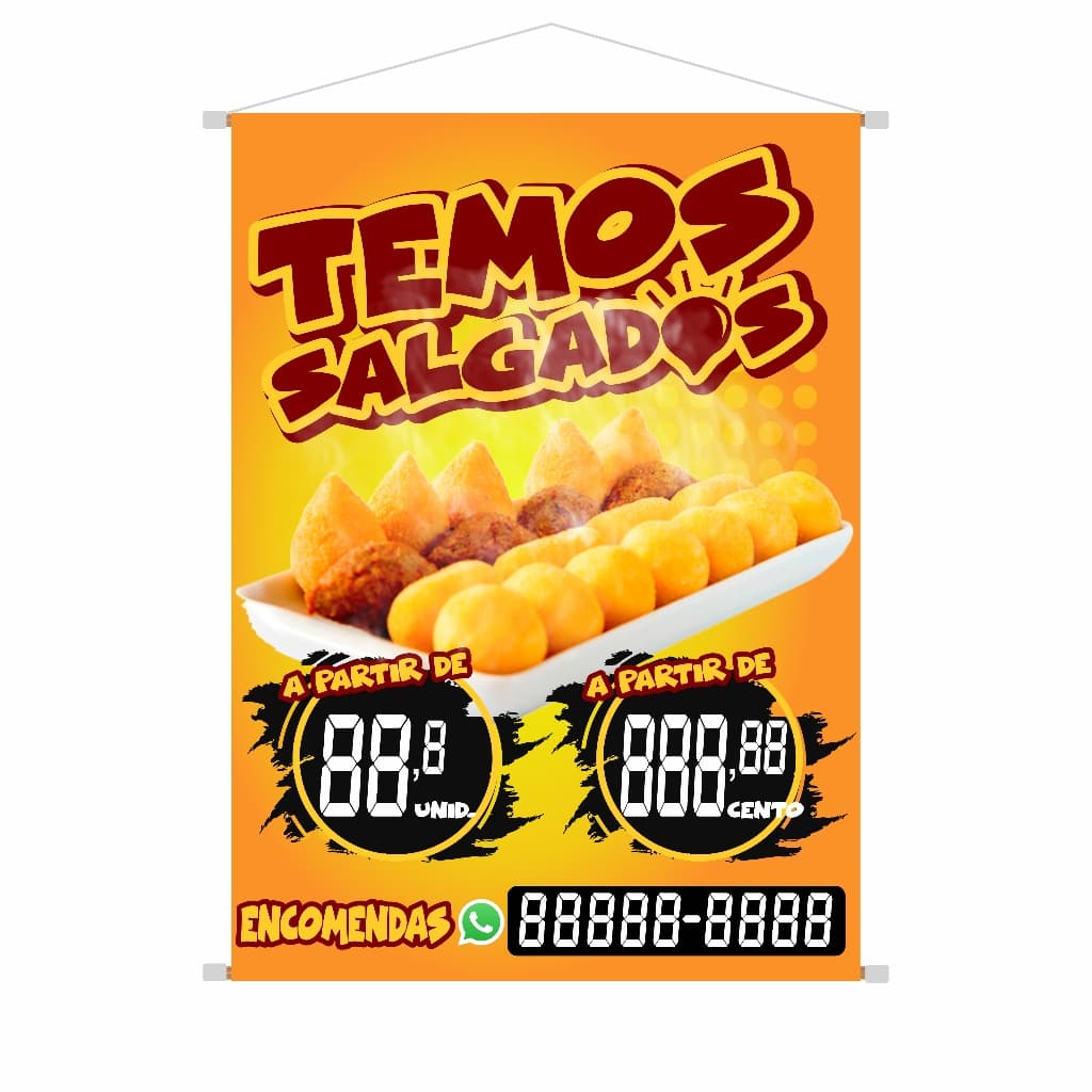 Banner Vende-se Salgados Personalizado Diversos Tamanhos para Bares, Restaurantes e Lanchonetes