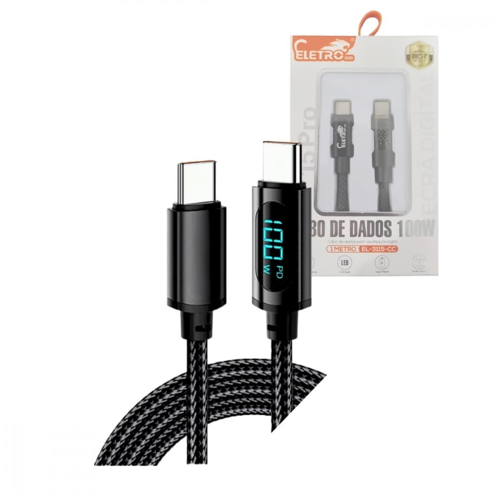 Cabo Tipo C Display Digital Carregador Rápido Eletromex 7A 100W USB