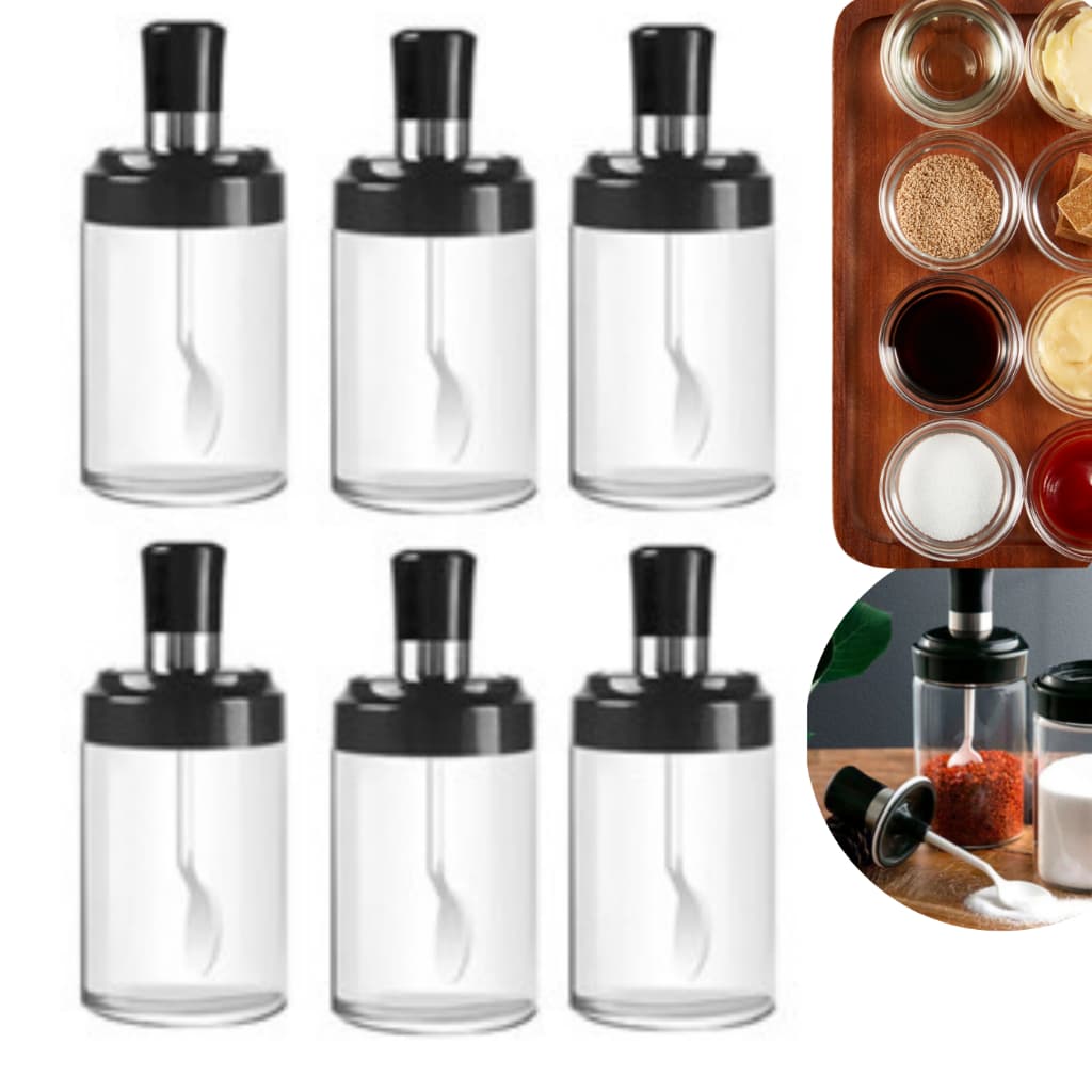 Kit 6 Porta Condimento Tempero Com Colher Sal Pimenta Cozinha Pote De Vidro Transparente Com Tampa Organizador Etiqueta