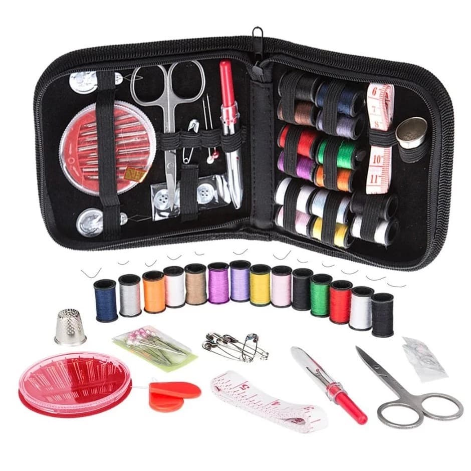 Kit Costura Viagem Acessórios Agulhas Linha Tesoura Bolsa c/Botão/Fita Métrica  Completo C/ 42 Peças KA-6947