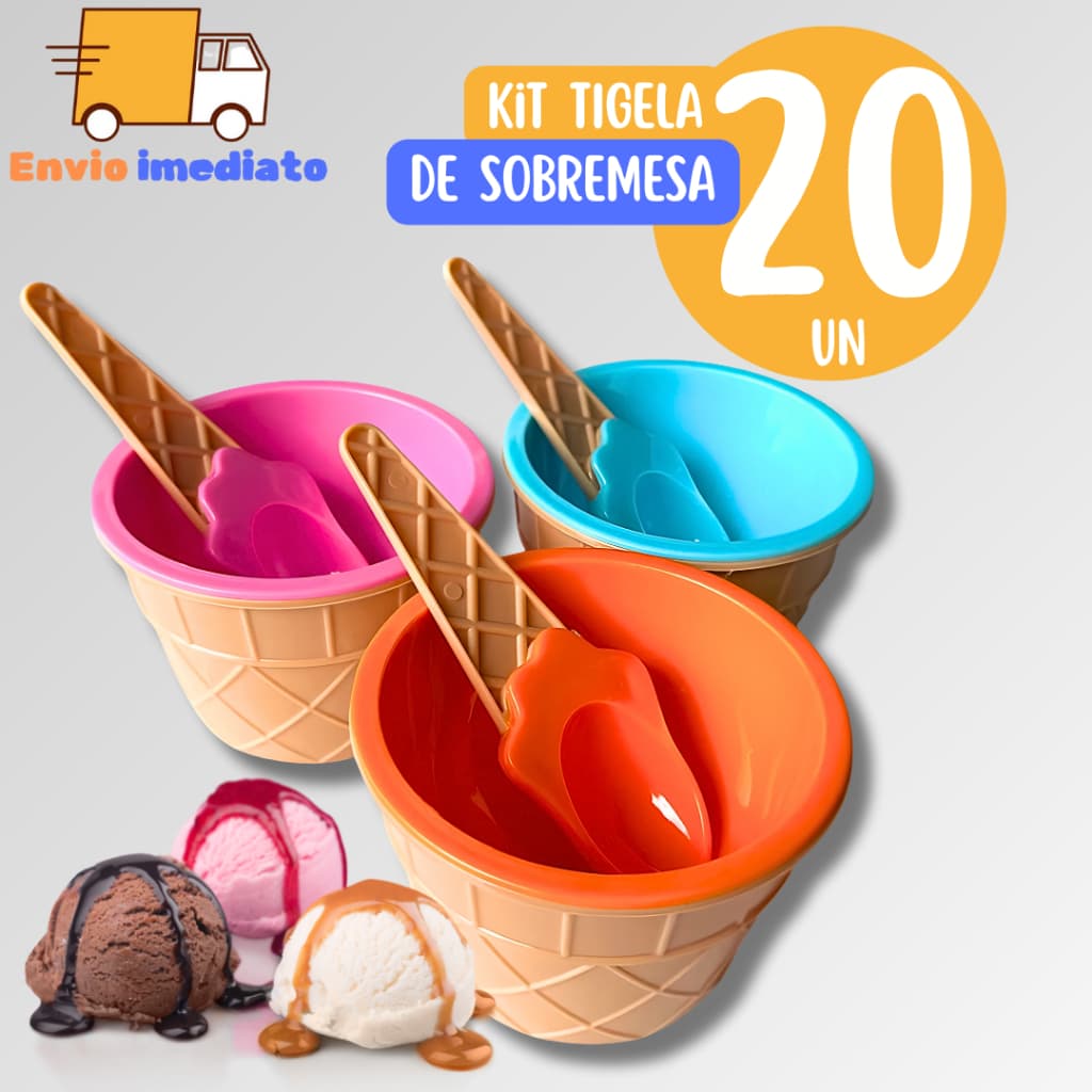Kit 20 Tigelas Pote de Plástico Tigela 200 ML Para Sobremesa Casquinha Sorvete + Colher Casa Cozinha