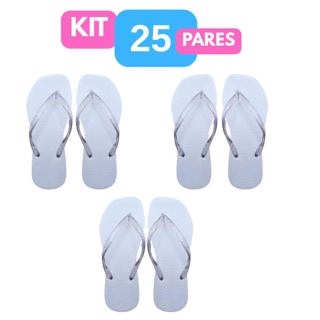 Kit 25 Pares Chinelo Feminino para Casamento Brinde Festa Correia Transparente Glitter Branco