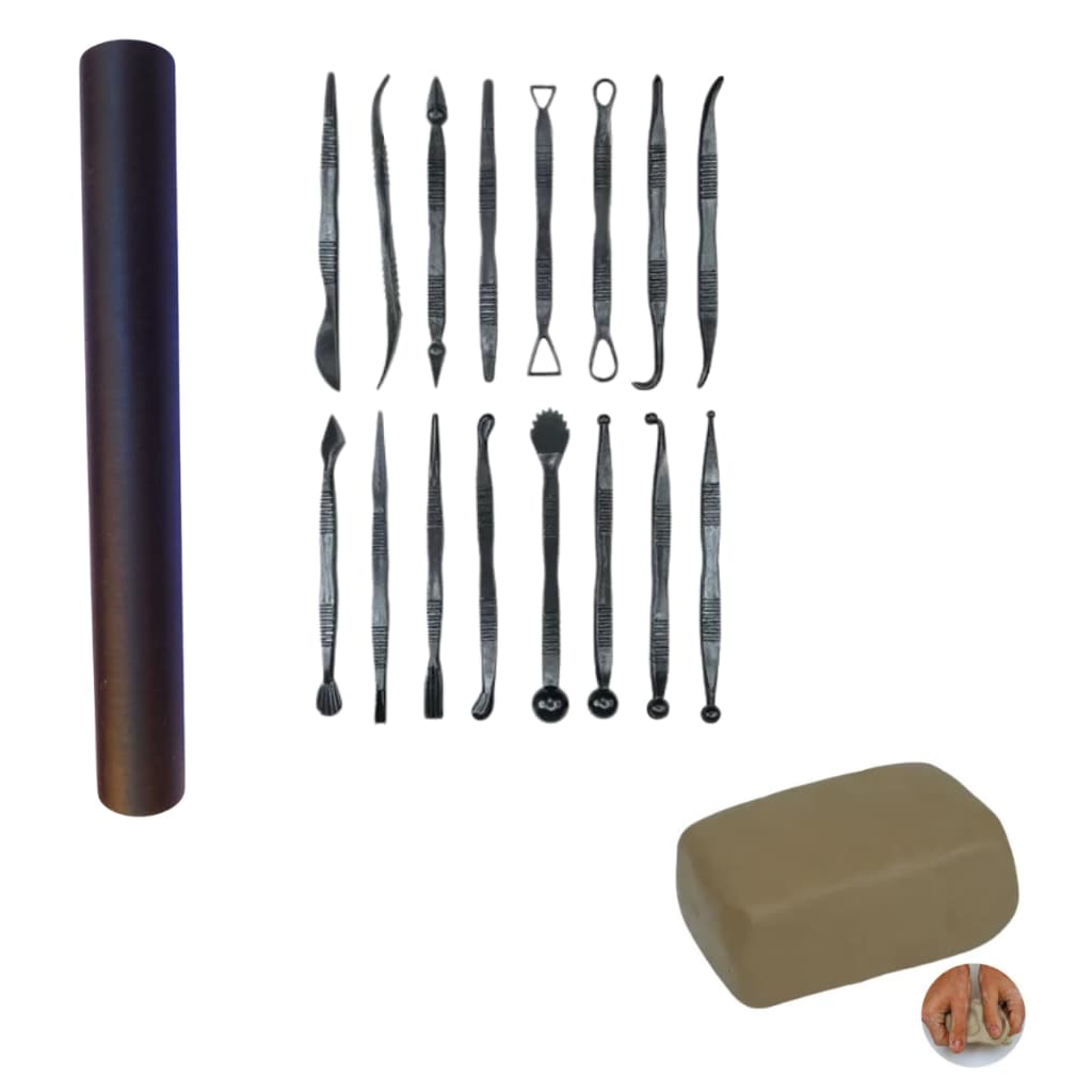 1kg de Argila natural + kit 16 estecas (32 Funções) + Rolo 23cm