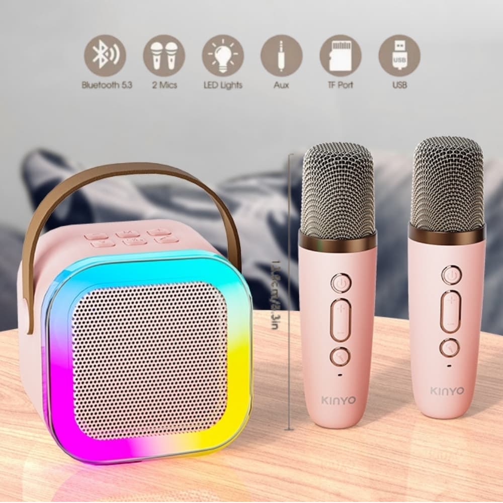 Caixa Som Bluetooth Karaokê K12 2 Microfones Sem Fio Portátil Mini LED Para Família Festas