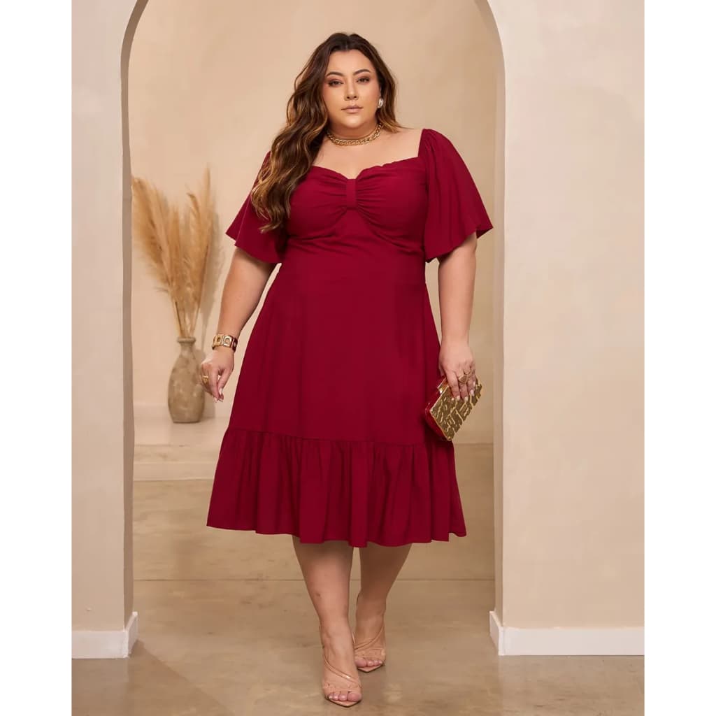 Vestido Midi Elegante com Manga Curta Solta e Decote Franzido