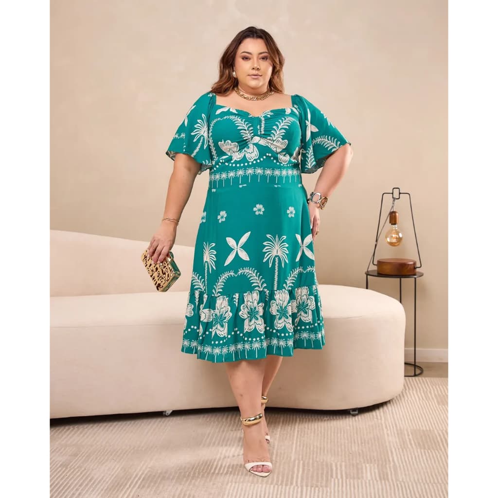 Vestido Feminino Verão Estampado Verde Manga Curta Soltinha