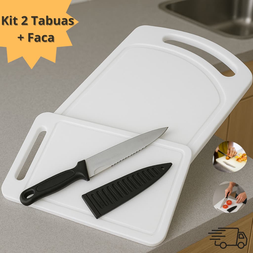 Kit 2 Tábuas de Corte + Faca com Proteção - Multiuso Sem Contaminação